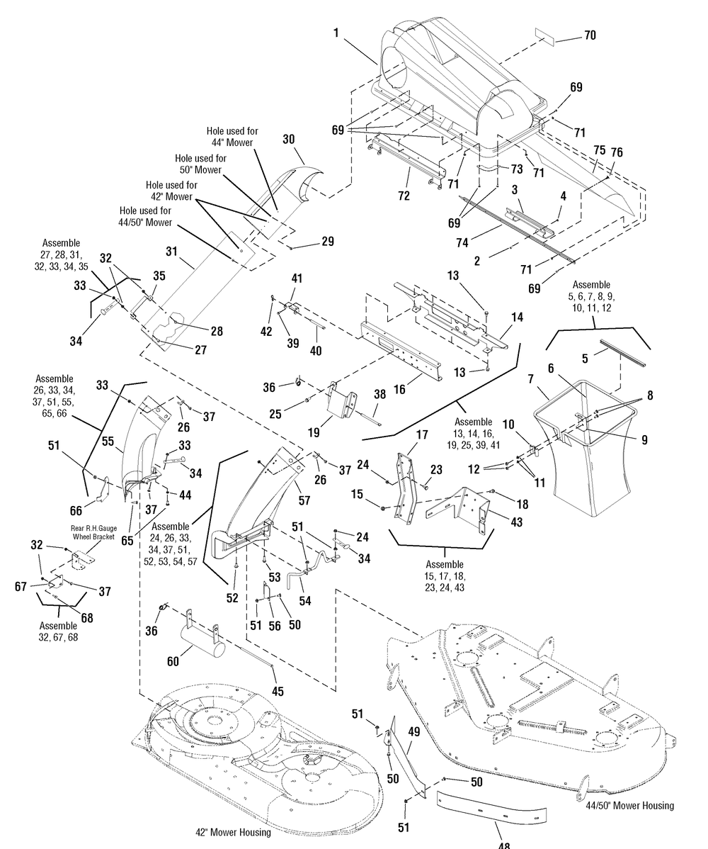 2-Bin Bagger Group - 42/44/50" Mower Decks Diagram and Parts List for 107249210  Briggs and Stratton Lawn Tractor Accessories